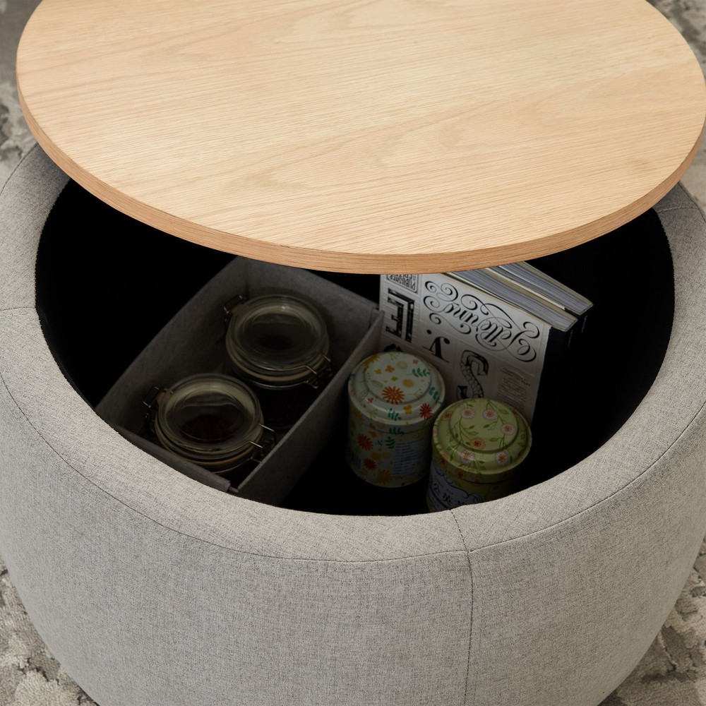 Round Ottoman; 2 in 1 Function with storage - wood & grey