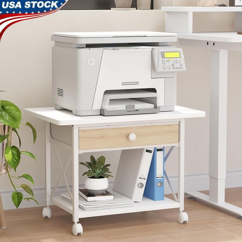 2 Tier Printer Stand W/ Rolling Casters Under Desk Storage Printer & Scanner New