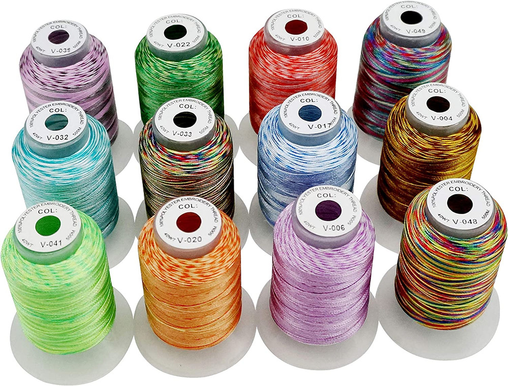 12 Colors Variegated Polyester Embroidery Machine Thread Kit 500M (550Y) Compati