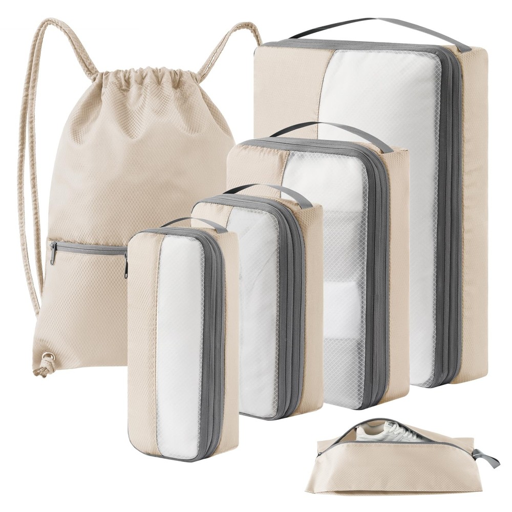 6 Set Compression Packing Cubes for Travel, Bonus Versatile Drawstring Backpa...