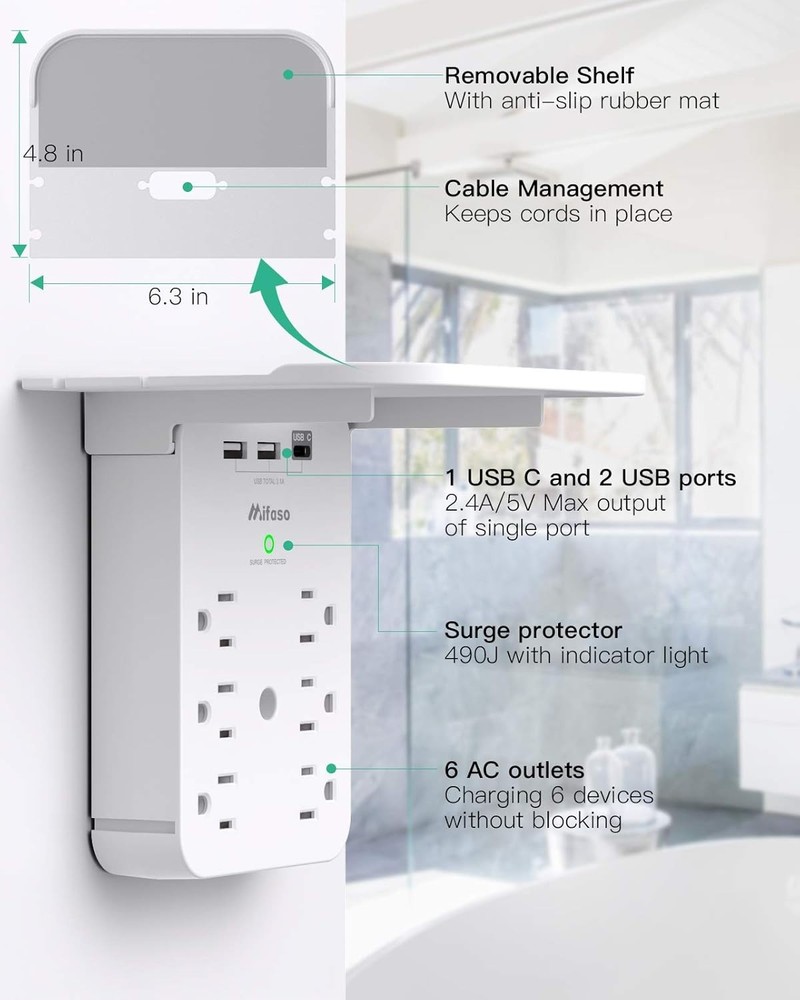Wall Outlet Extender with Surge Protector, 6 AC Outlets, Shelf, 2 USB & USB C...
