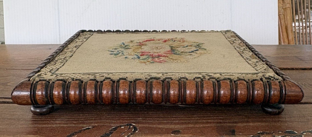Antique Needlepoint Square Tea Trivet Footed Stand Bobbin Turned Frame 12x12