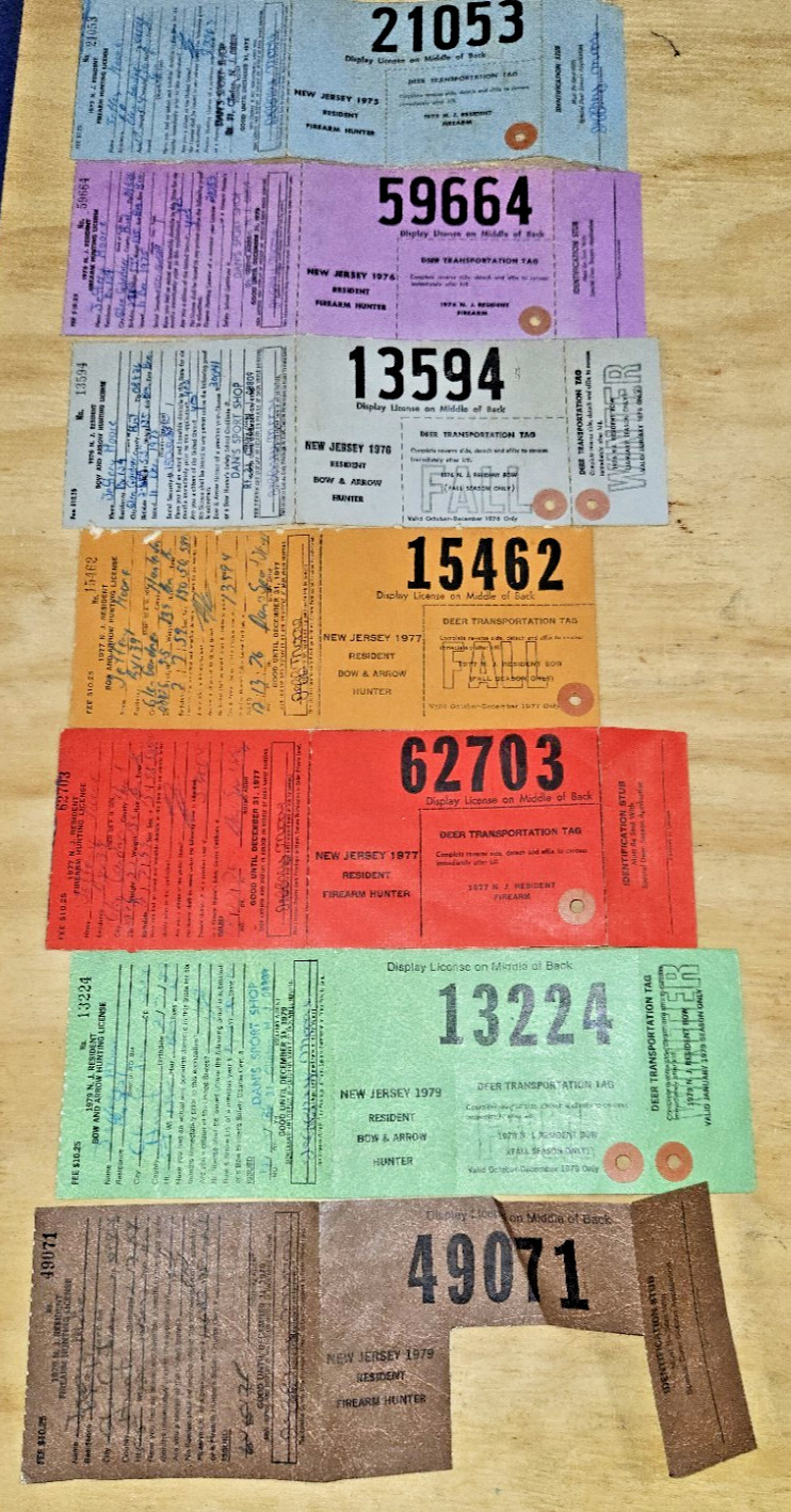 Lot 7  Deer Licenses Tags New Jersey State Big Game Firearm Bow Hunter 1975-1979