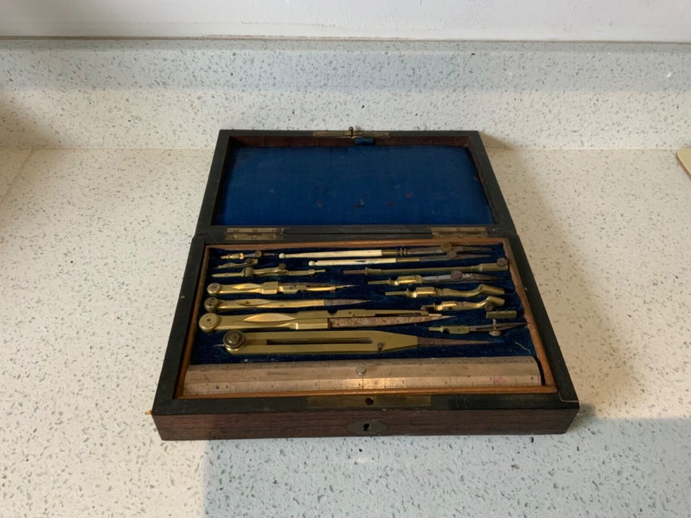 Antique Brass Geometry draftsmanship technical Drawing Instruments Set 1879 key