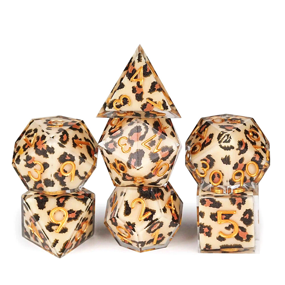 Resin DND Dice Set Sharp Edge Polyhedral 7PCS RPG Dungeons Dragons Leopard Print