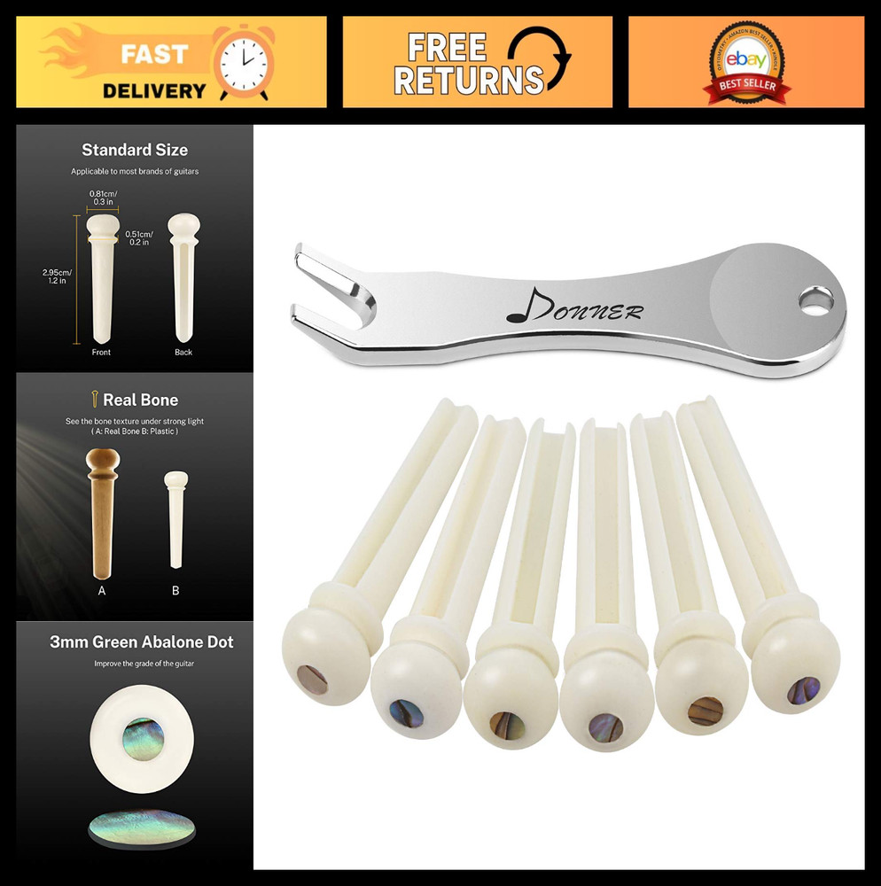 6PCS White Bone Acoustic Guitar Bridge Pins with Abalone Dot & Puller Tool
