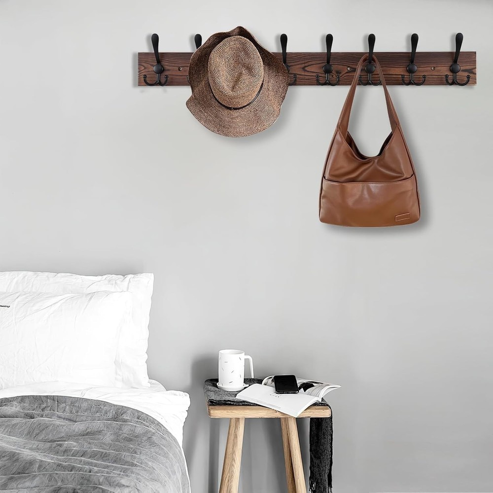Chic Wall-Mount Coat Rack 32.2'' with 8 Functional Triple Hooks in Rustic Style