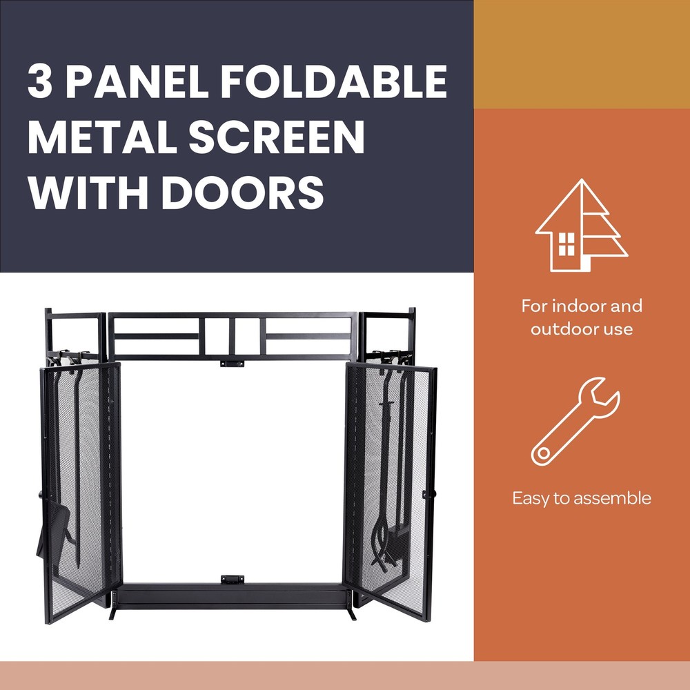 Fireplace Screen 3 Panel Fireplace Gate with Doors and 4PC Tools Set, Black