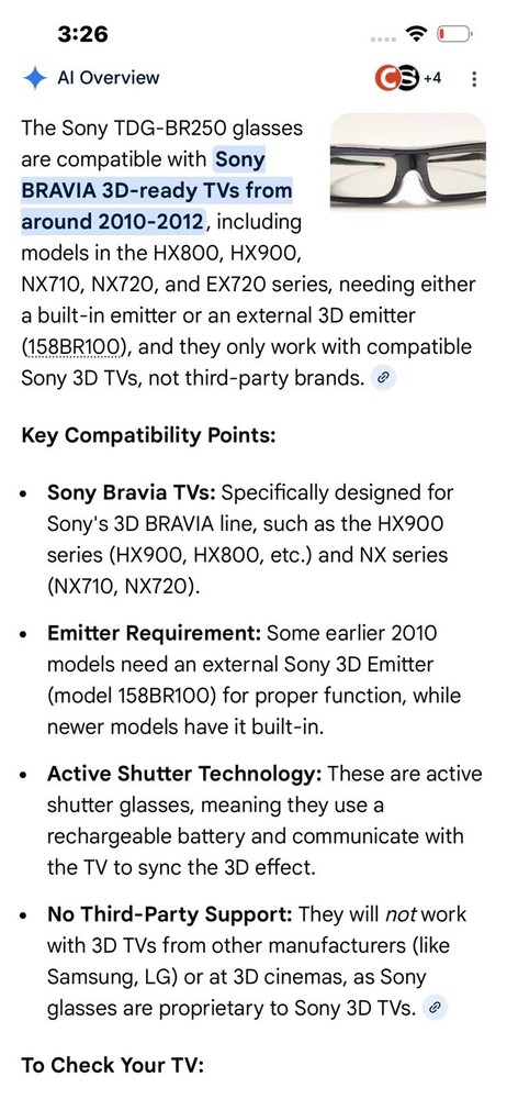 Sony TDG-BR250 Active 3D Glasses 2pc Set
