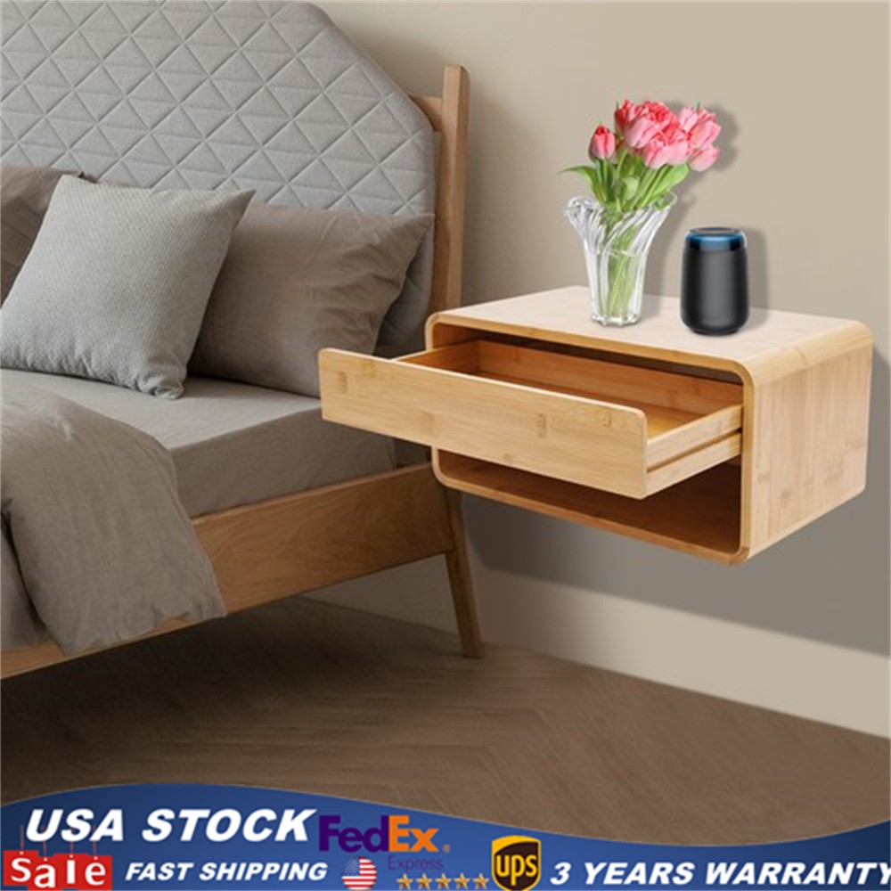 Rustic Bamboo Floating Nightstand with Drawer, Wall-Mounted Bedside Cabinet