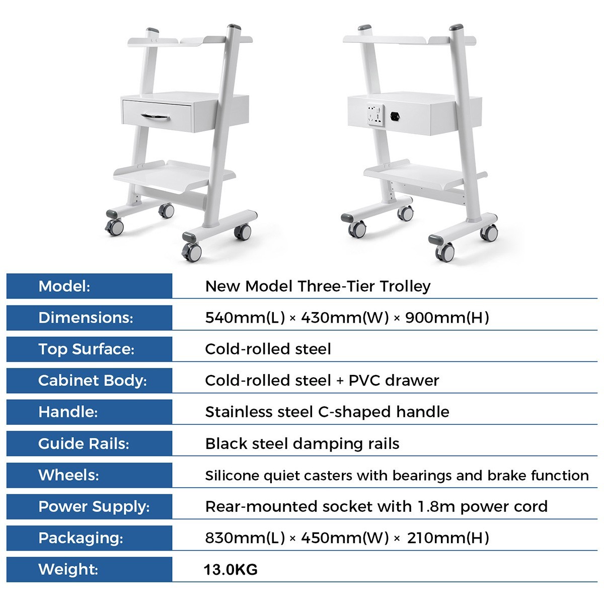 3 Layer Dental Trolley Mobile Instrument Cart Medical Tool Cart with Socket