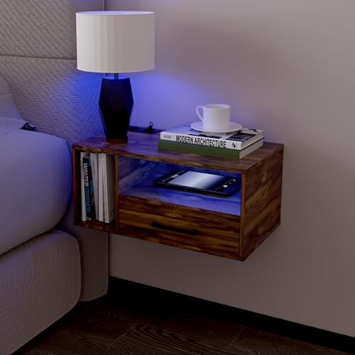 Floating Nightstand with Charging Station and LED Lights, Floating Rustic Brown