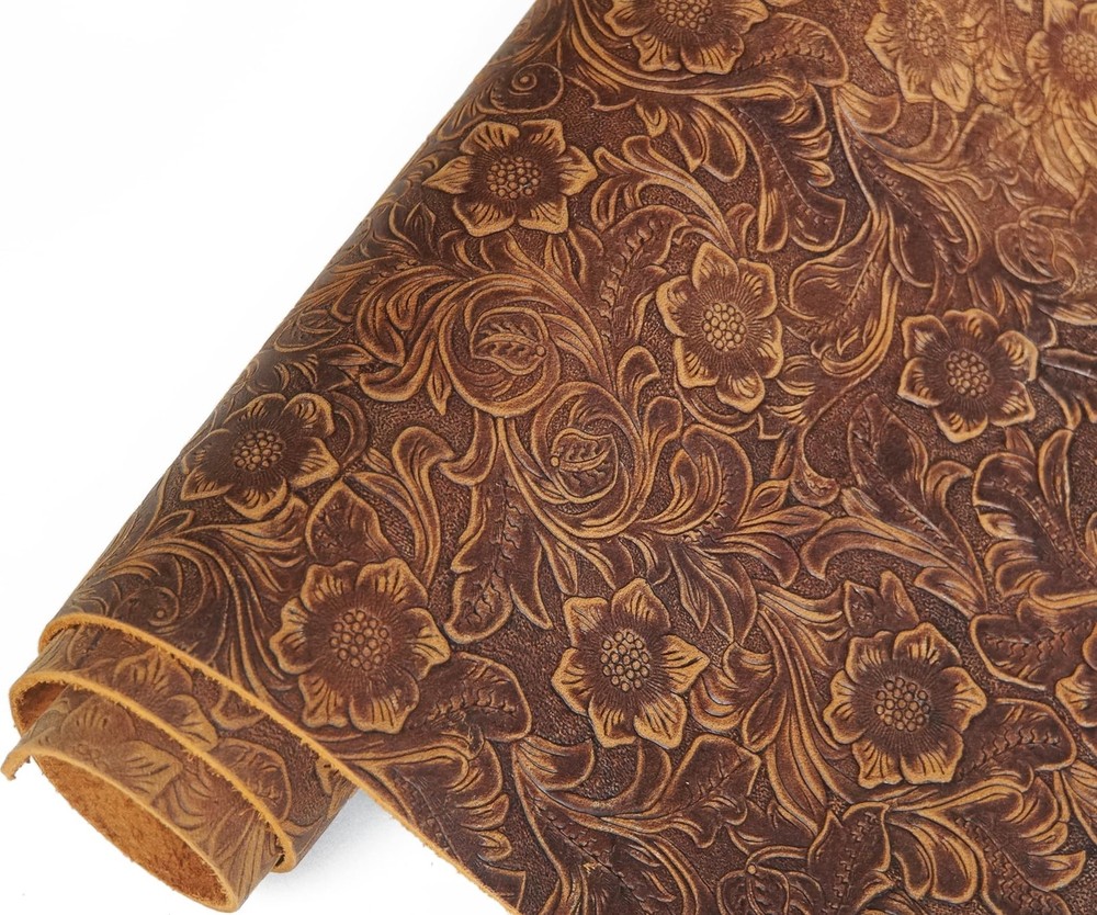 Genuine Leather Sheets Plain Geometric Pattern Printed, Bourbon Brown, 12"x24"