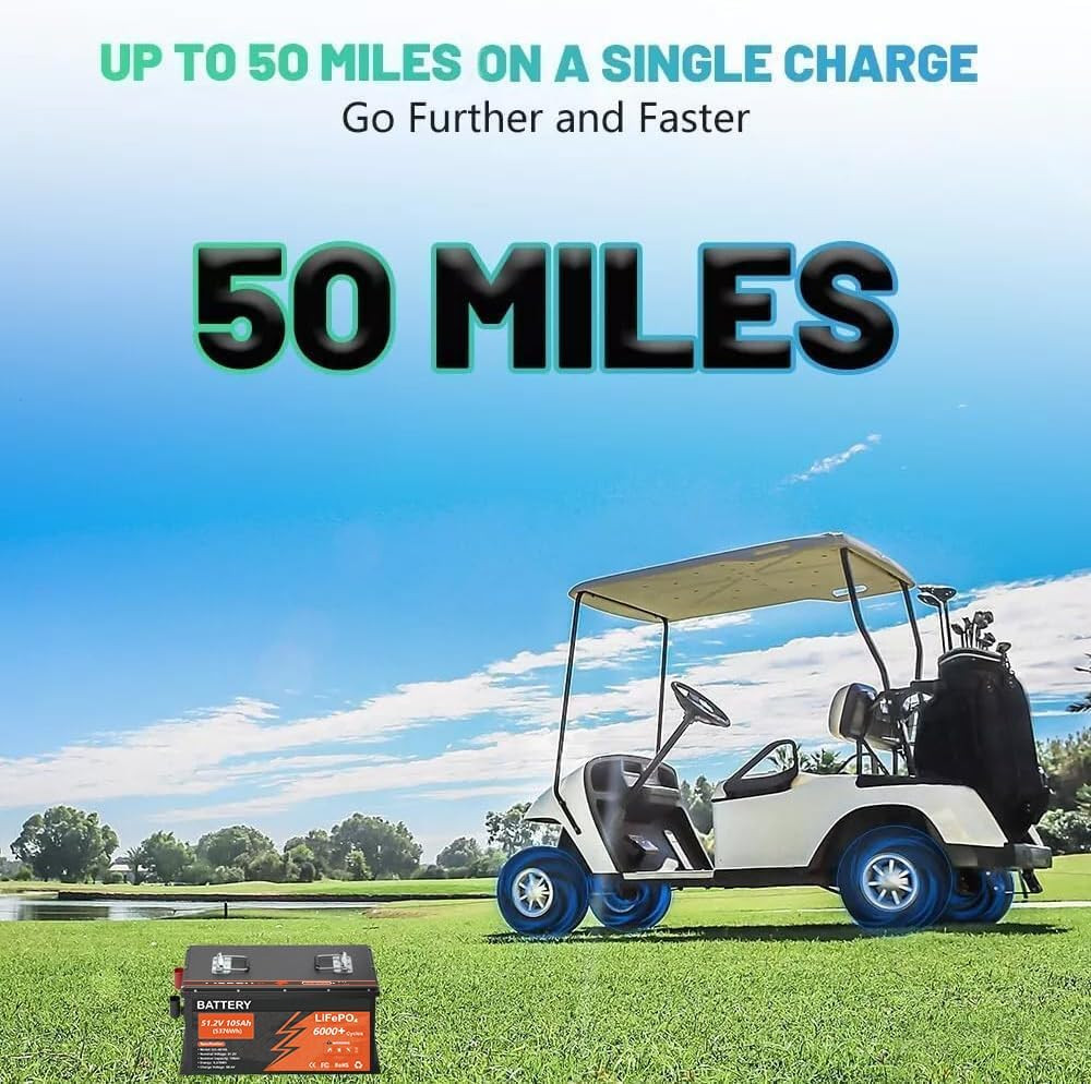 48V 105Ah Lithium Golf Cart Battery 200A BMS 6000+Cycles APP Charger Monitor Set