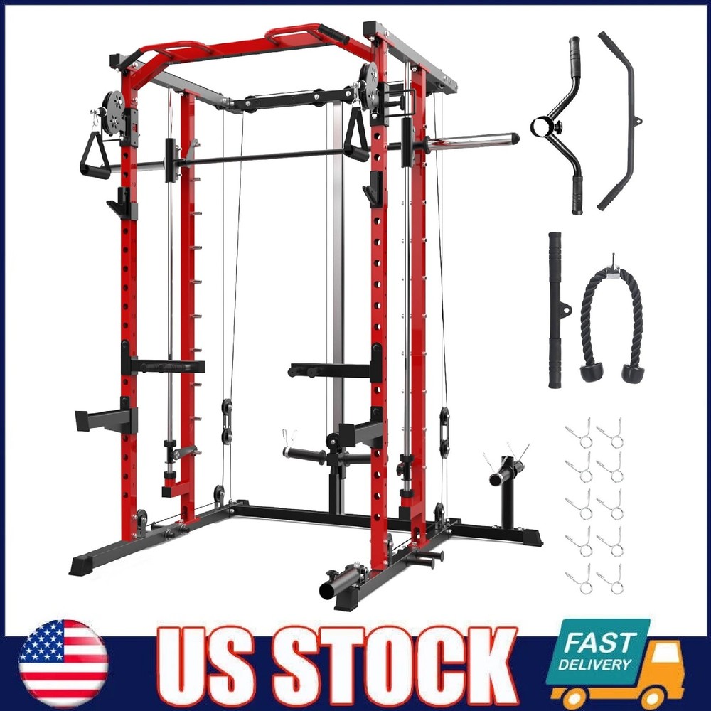 Smith Machine Power Cage Rack with Pulley System Multifunctional Workout Machine