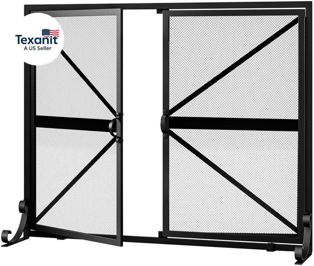 Fireplace Screen with Doors, 2-Pannel Handcrafted Solid Wrought Iron Decorative