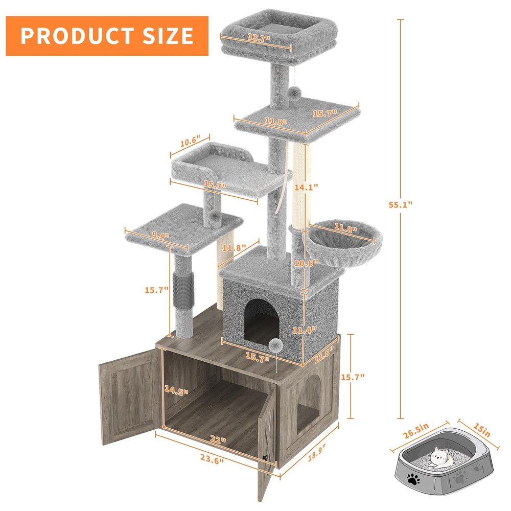 Hidden Litter Box Cat Tree, Multi-Level Tower, Scratching Post, Dangling Balls