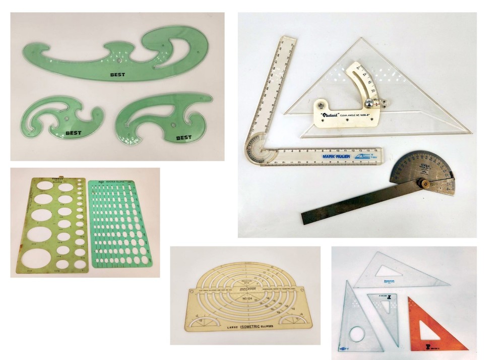 Set of Drafting Tools - Stencils, Plasticoid Protractors, Triangles, Curves
