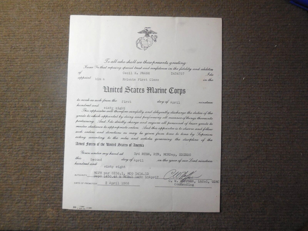 1968 USMC Vietnam War Private First Class Promotion  Document