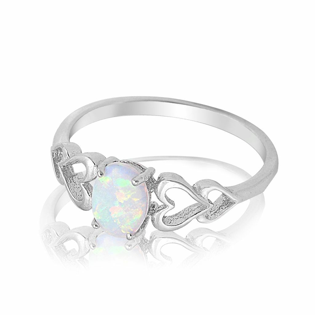 White Opal Love Heart Cutout Promise Ring 925 Sterling Silver Size 6-10 Women