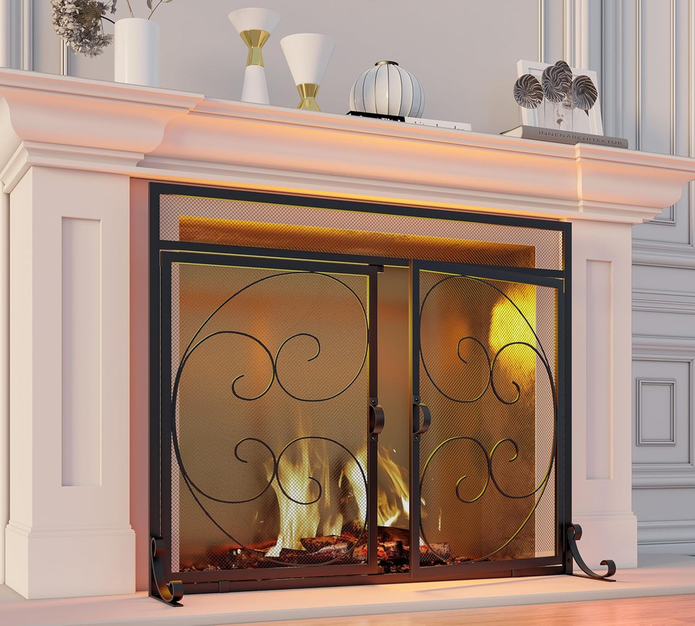Fireplace Screen with Magnetic Doors,Handcrafted Wrought Iron Classical Scroll D