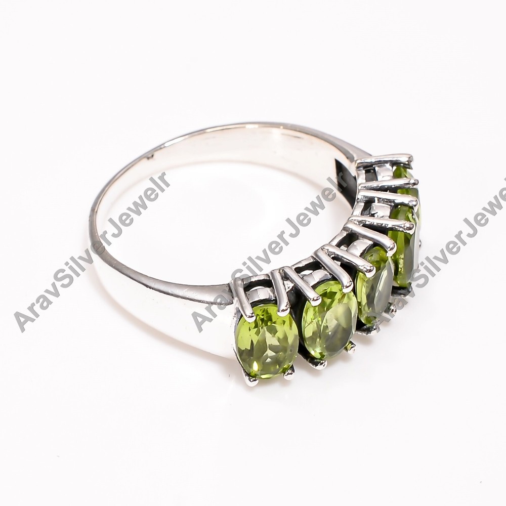 Five Green Peridot Cut Stone Ring 925 Sterling Silver Handmade Statement Ring