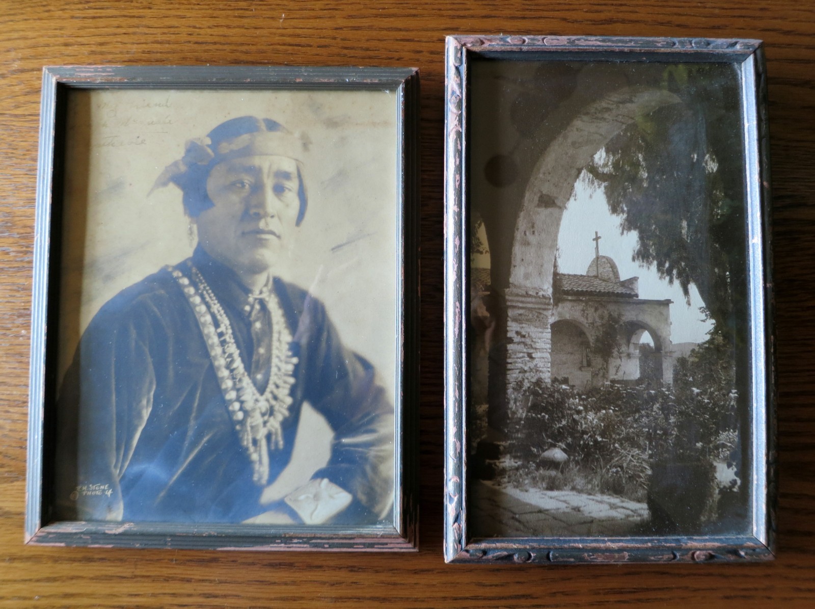 Vintage 1930s Southwest Sepia Photo Pair – Navajo Portrait & Mission Scene