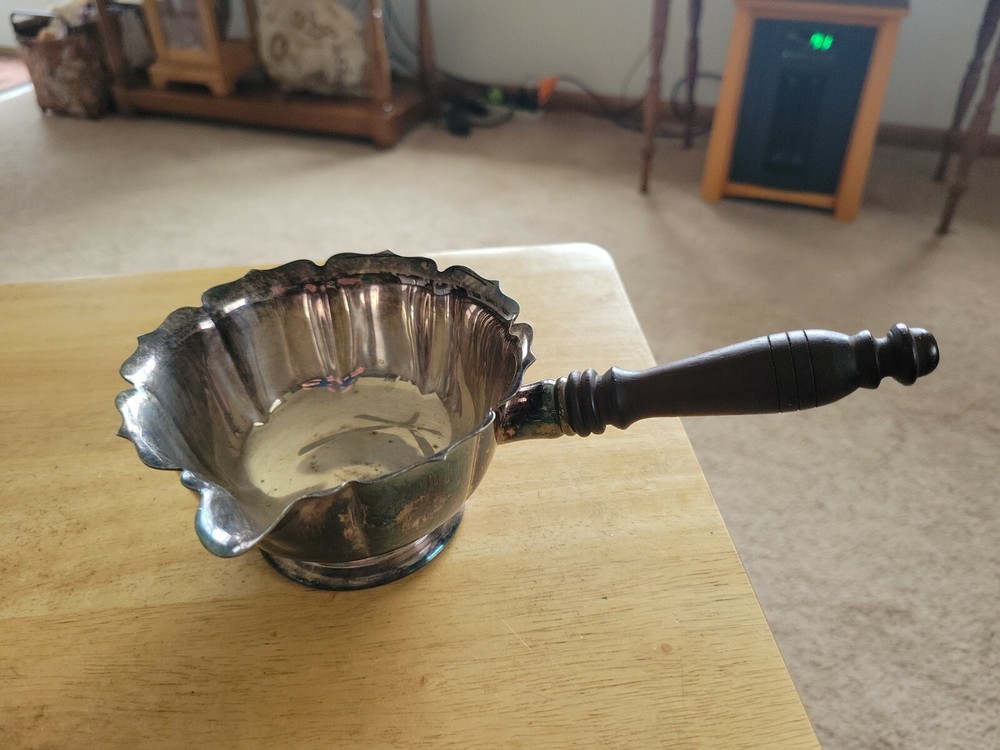 Vintage Silver-Plated Gravy Boat with Wood Handle. Unmarked