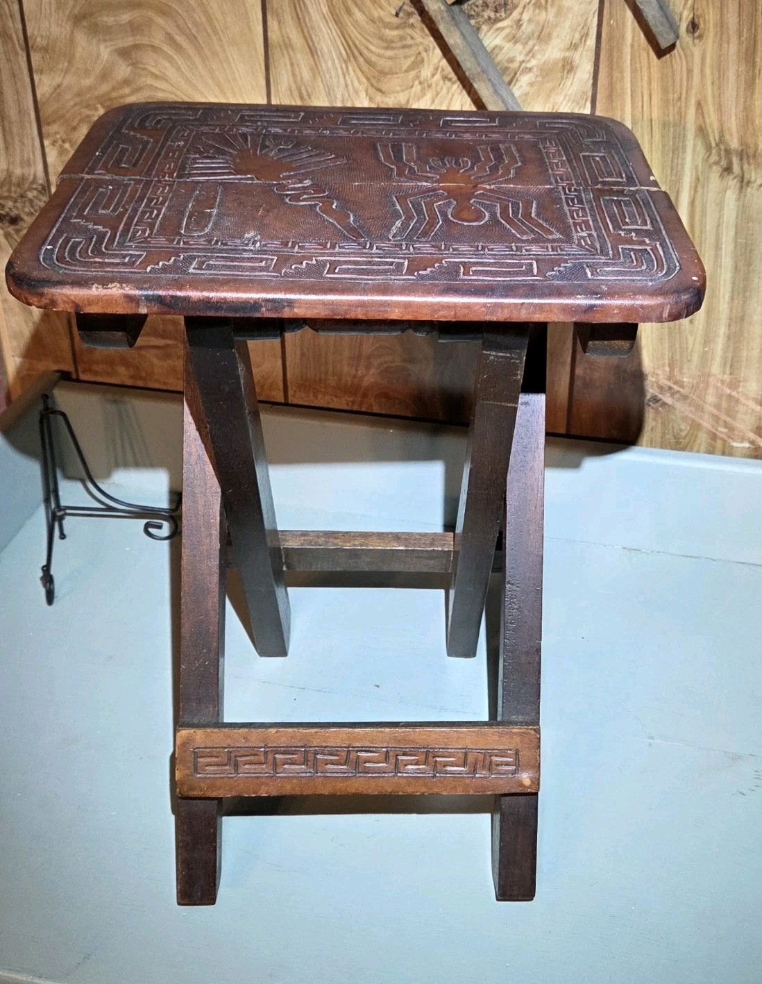VTG Peruvian Peru Folding Hand Tooled Leather & Wood Collapsible Stool Or Table