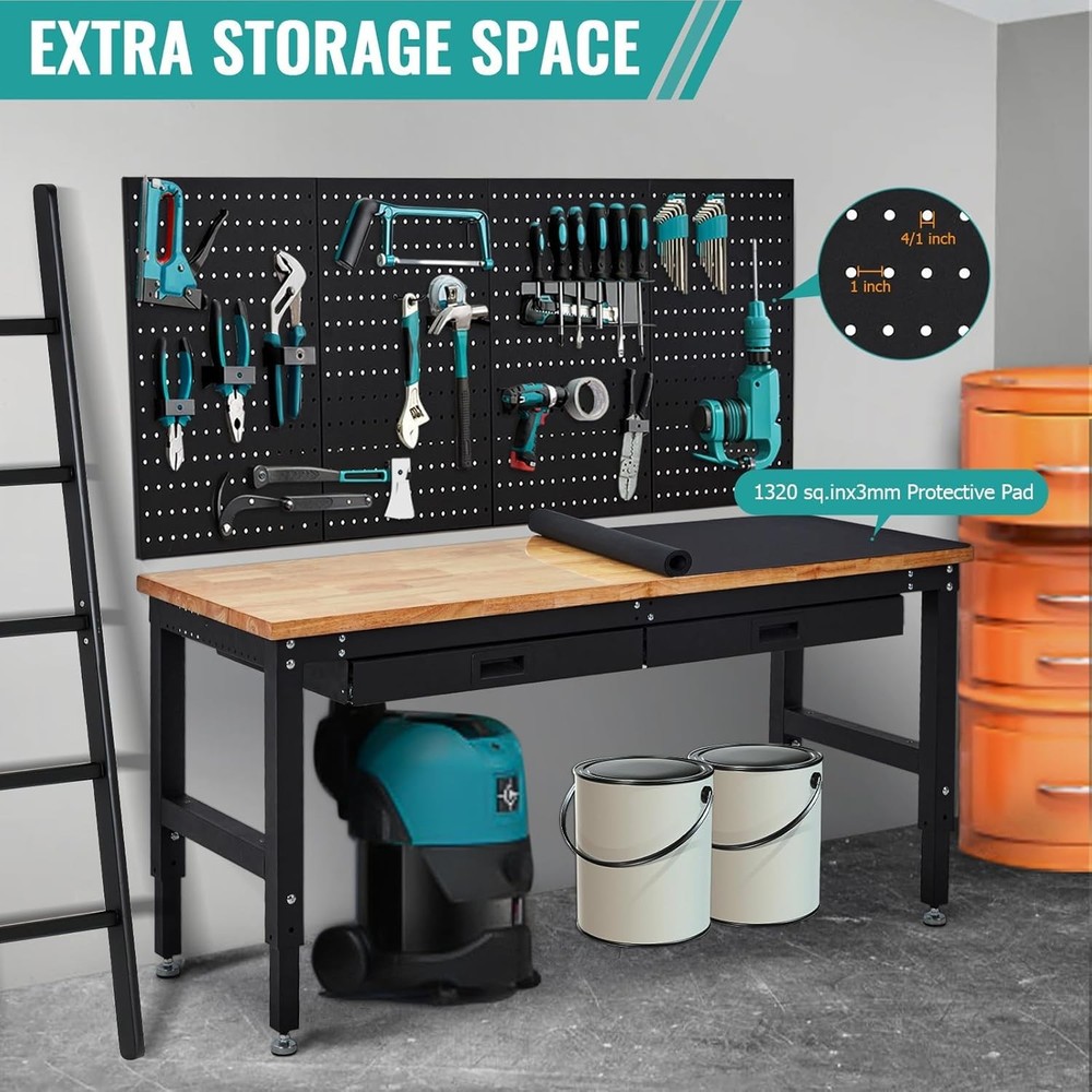 60-Inch Workbench with Power Outlets & Pegboard & Drawers Adjustable Work Table