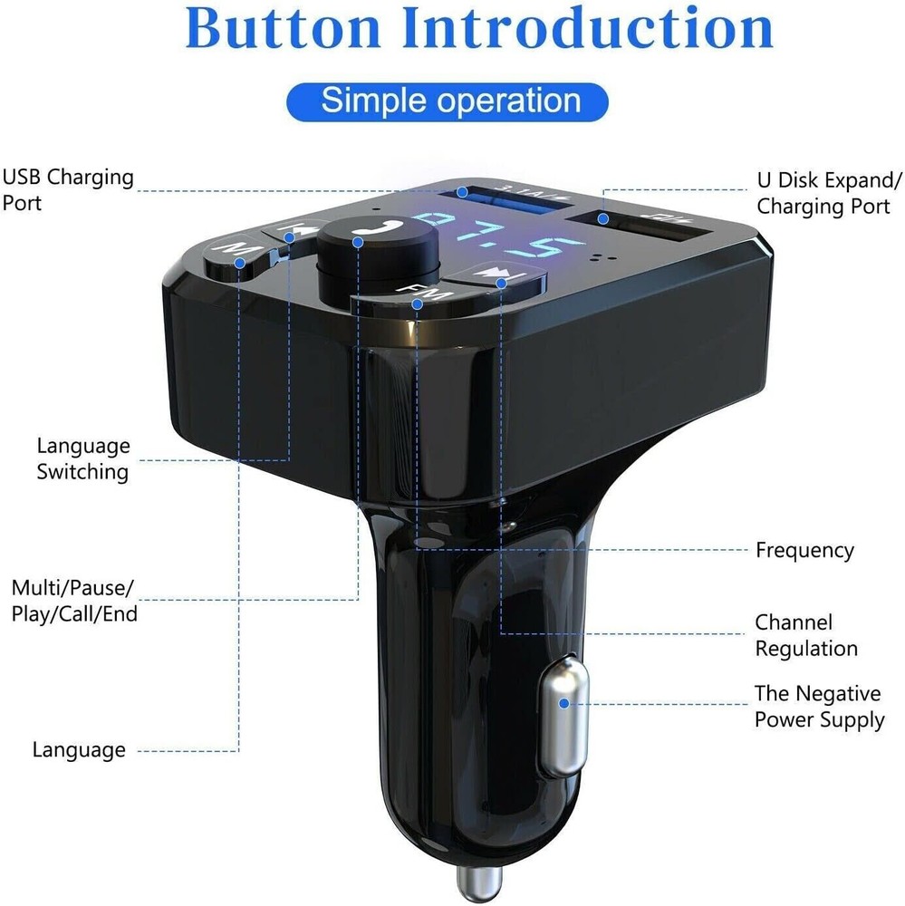 Bluetooth 5.0 Car Wireless FM Transmitter Adapter 2USB PD Charger AUX Hands-Free