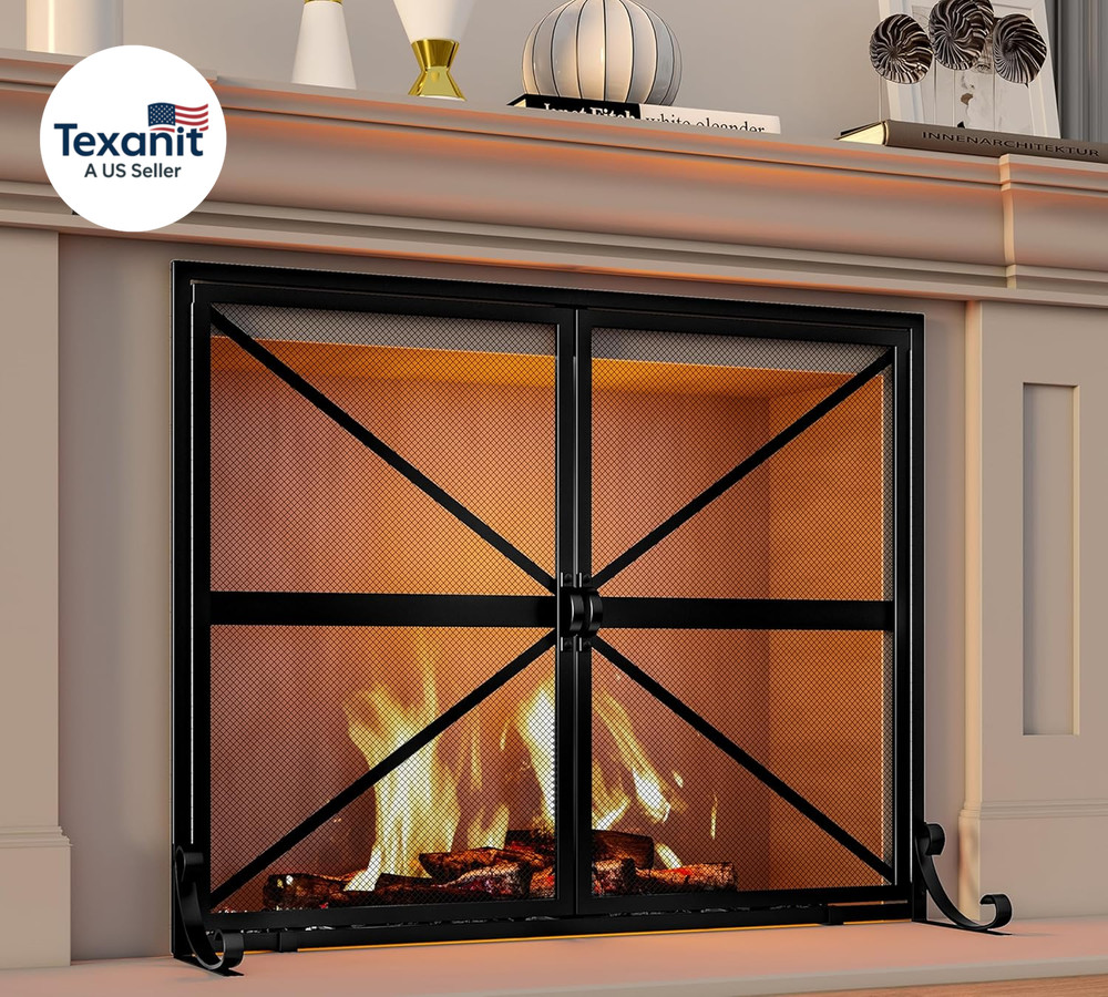 Fireplace Screen with Doors, 2-Pannel Handcrafted Solid Wrought Iron Decorative