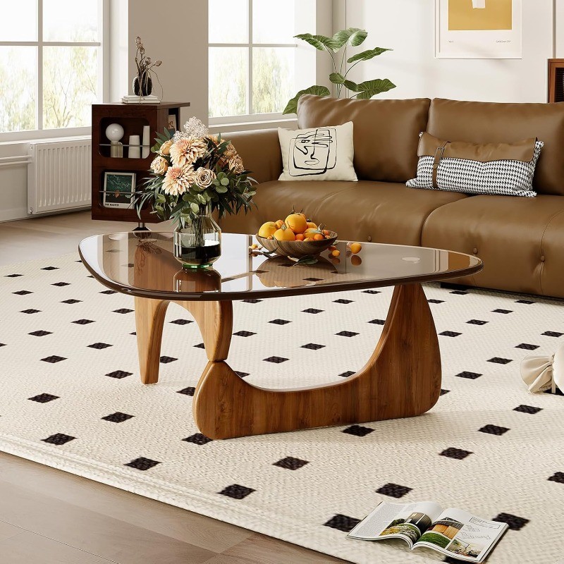 Coffee Table for Living Room Mid Century Modern Center Table Glass Top and Wood