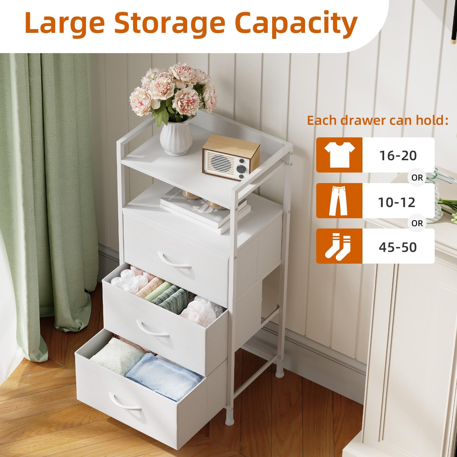 3-Drawer Nightstand with Fabric Bins, Wood Top Steel Frame, White