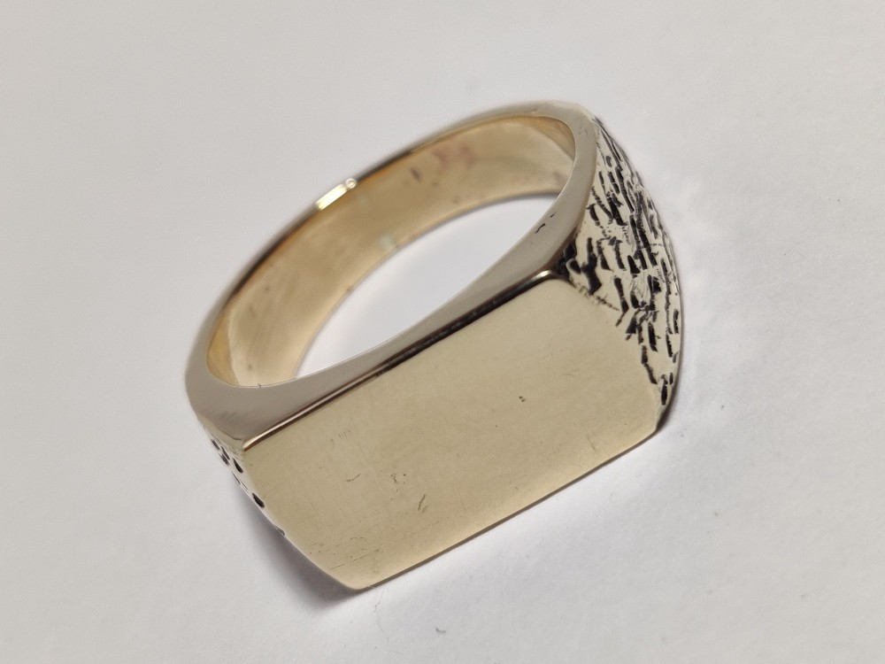Solid 925 Sterling Silver Gold Plated Rectangle Signet Ring - Textured Men's Ban