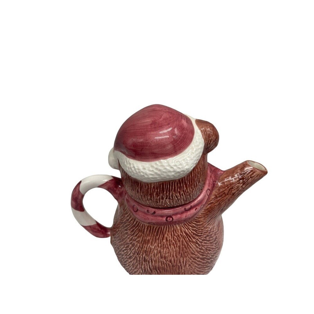 Christmas Brown Bear Teapot Candy Cane Handle RARE Ceramic