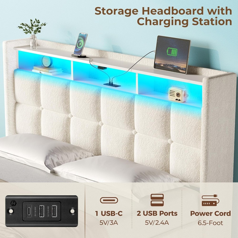 Full Bed Frame with Lift Up Storage Charging Station