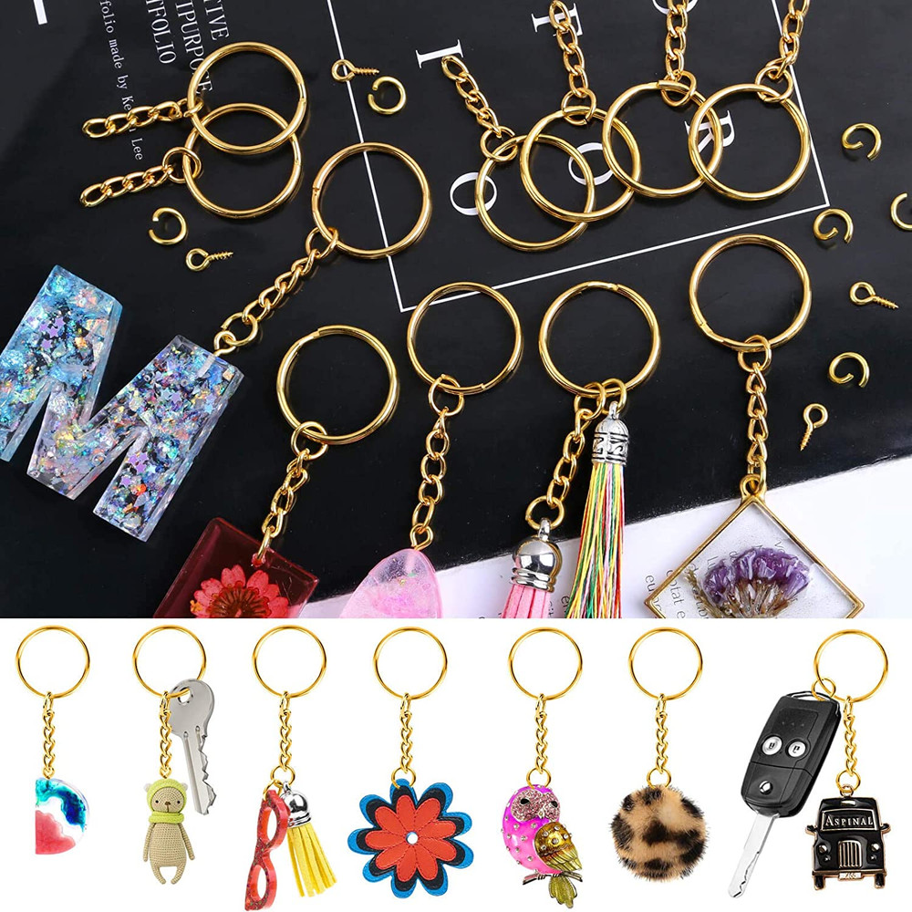 Keychain Rings Kit for Crafts Gold, Includes 100Pcs Split Key Ring with Chain,