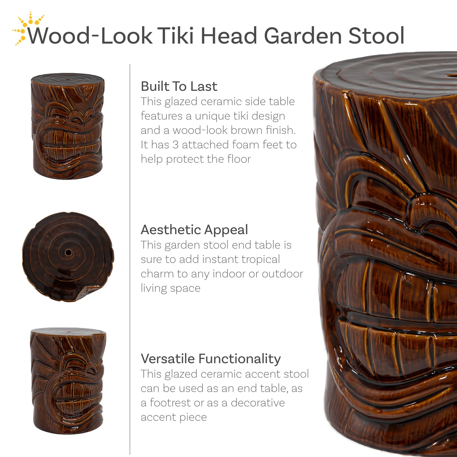 Wood-Look Tiki Head Ceramic Garden Stool - 17” by Sunnydaze