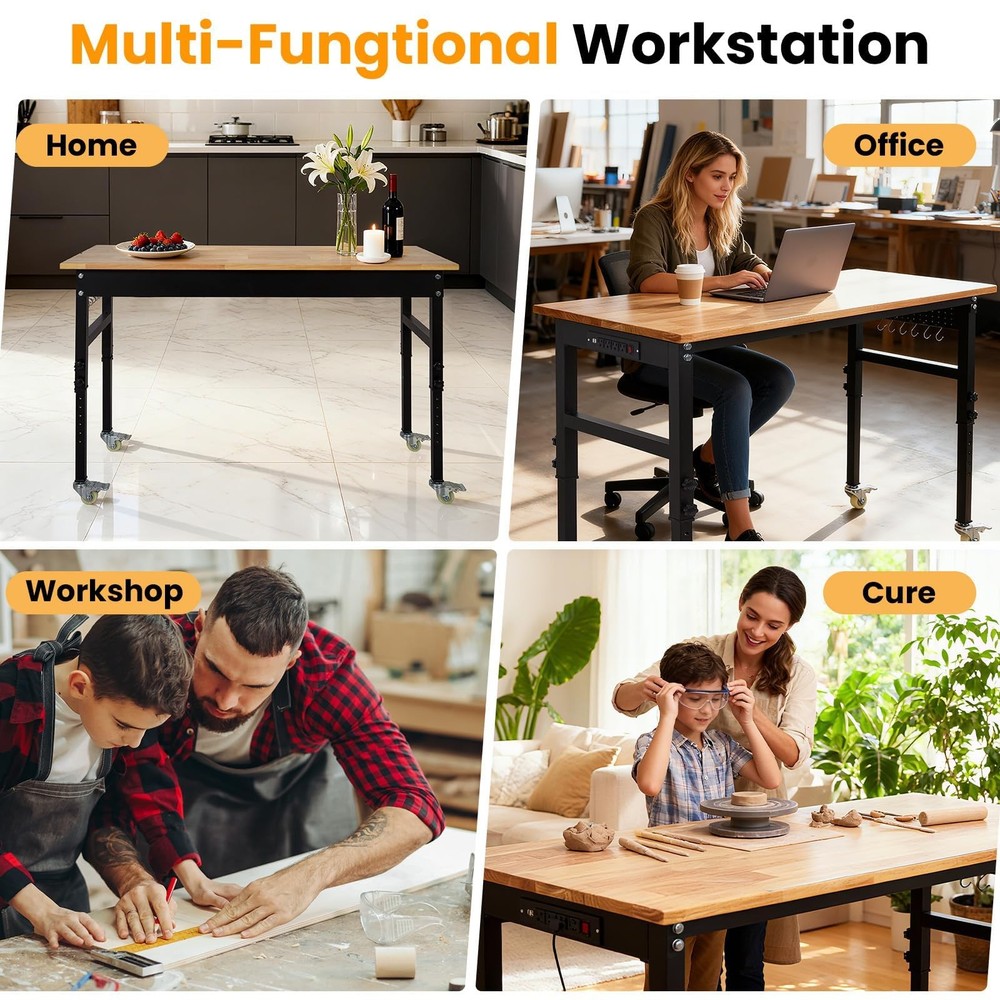 70" Adjustable Workbench w/Wheels & Power Outlets, 2000Lbs Work Table for Garage