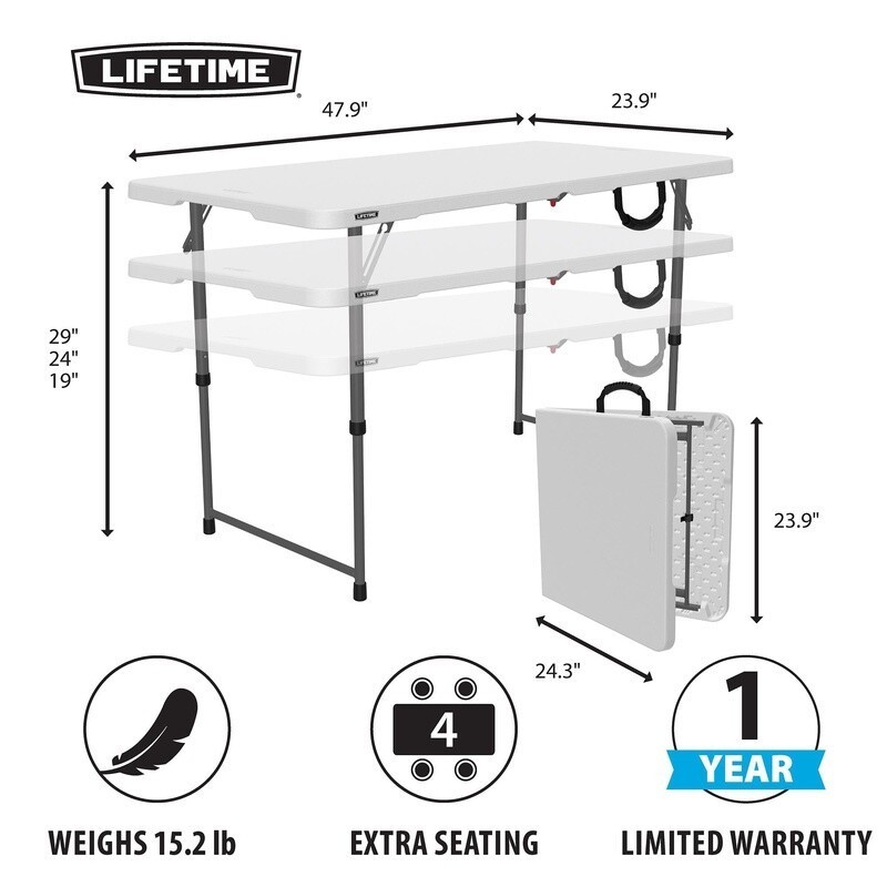 Foldable Adjustable Height Table Portable Indoor Outdoor Sturdy Frame 4ft Table