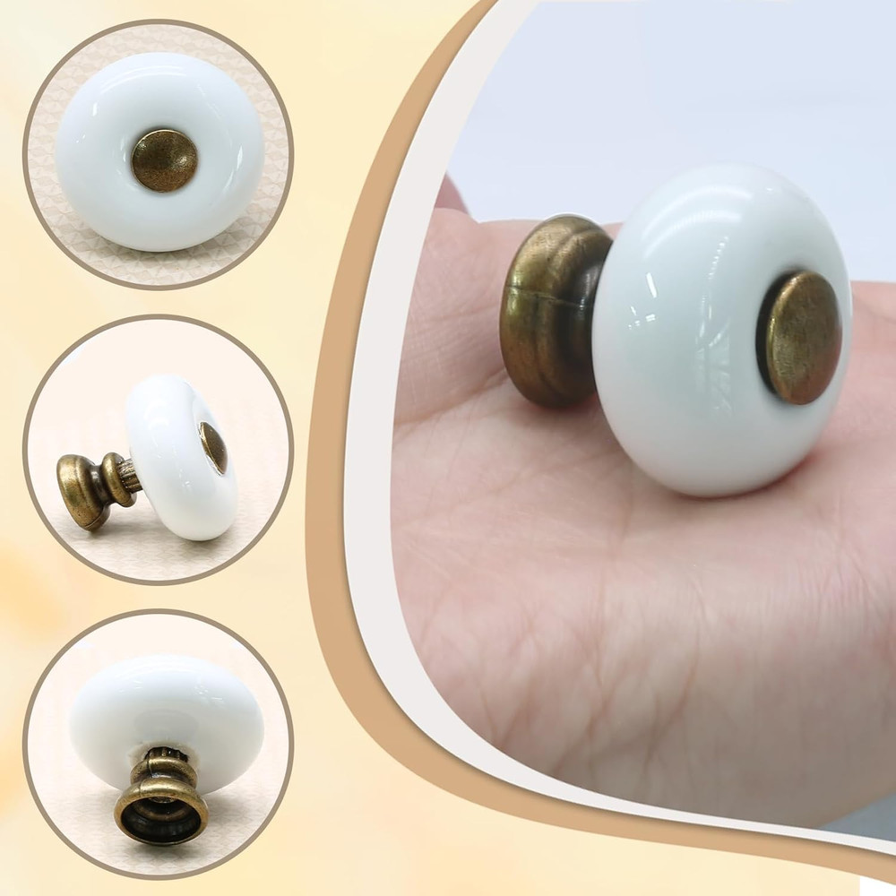 6pcs White Ceramic Drawer Knobs, Vintage Dresser Knobs with Antique Bronze Point