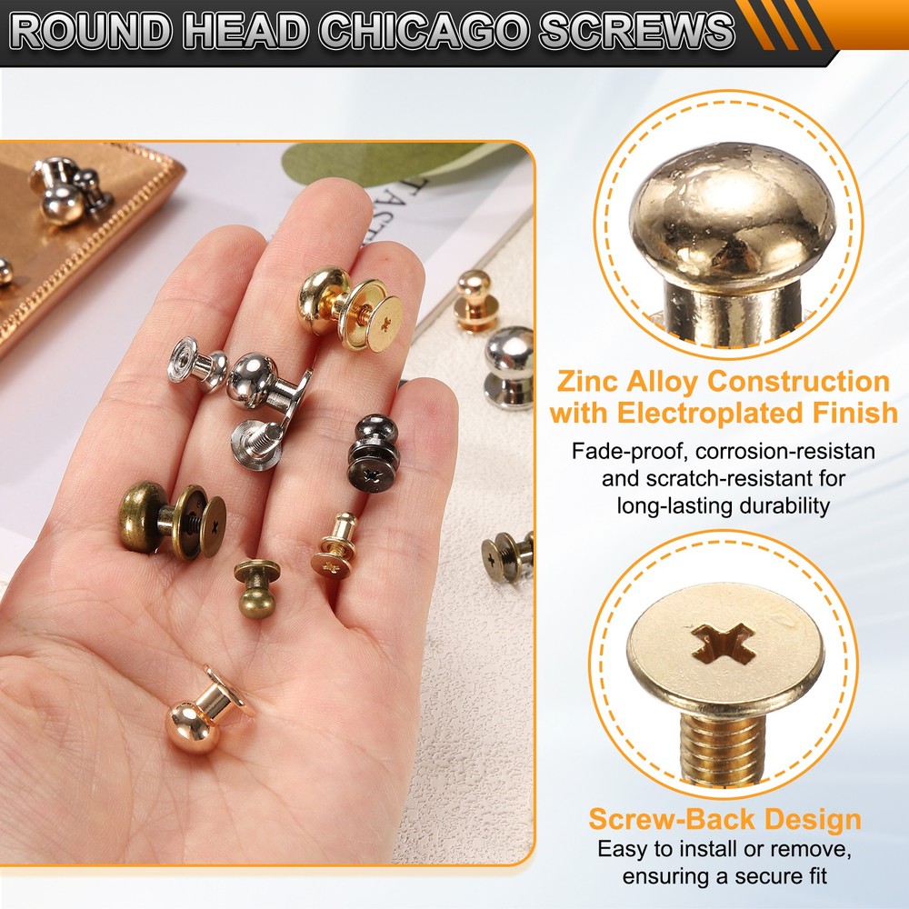 20Set Round Head Button Stud Screw 6mm Chicago Screws Button Rivets Gold