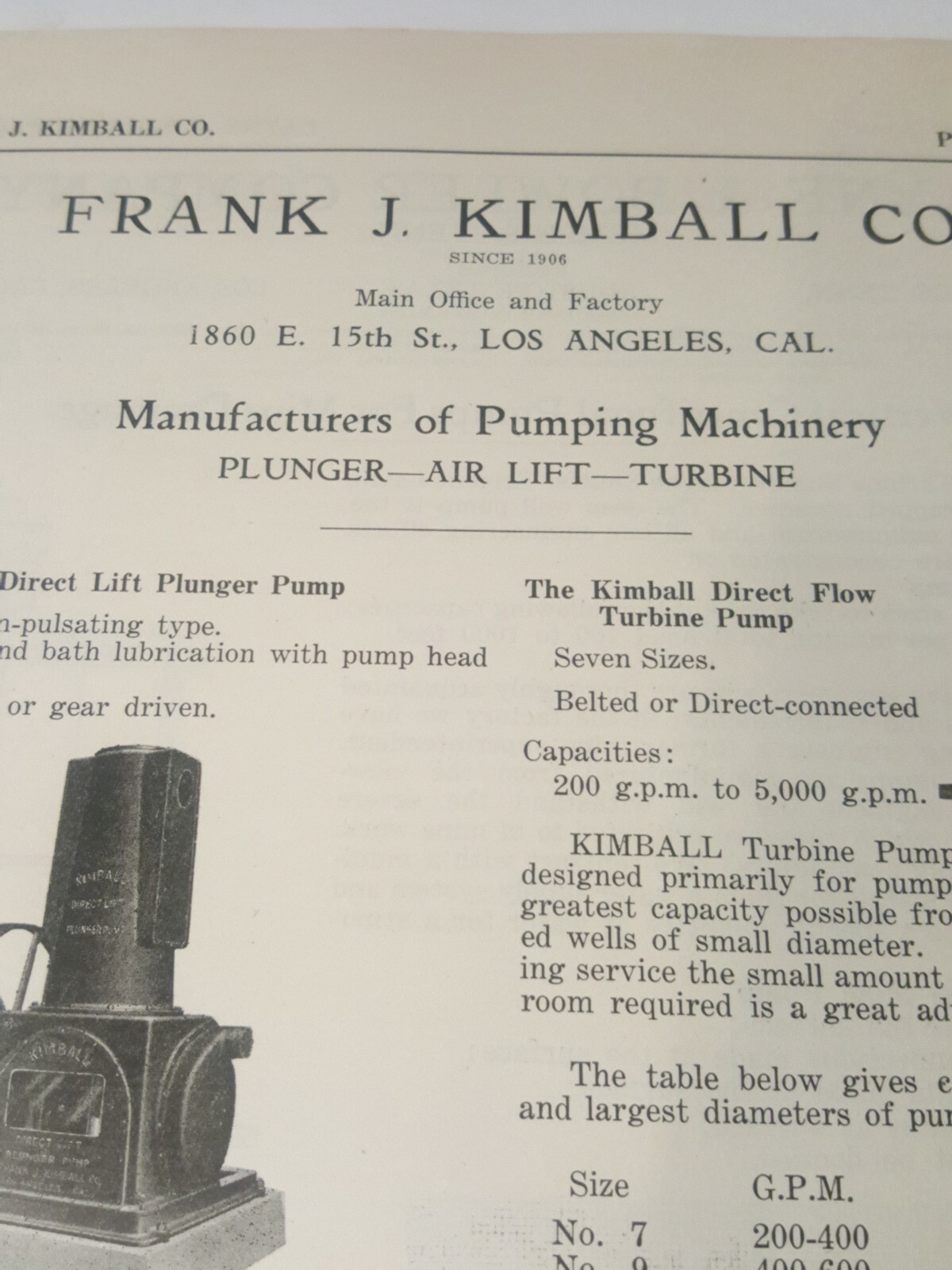 1923 mining print ad FRANK J. KIMBALL COMPANY 1860 E 15th st Los Angeles CA