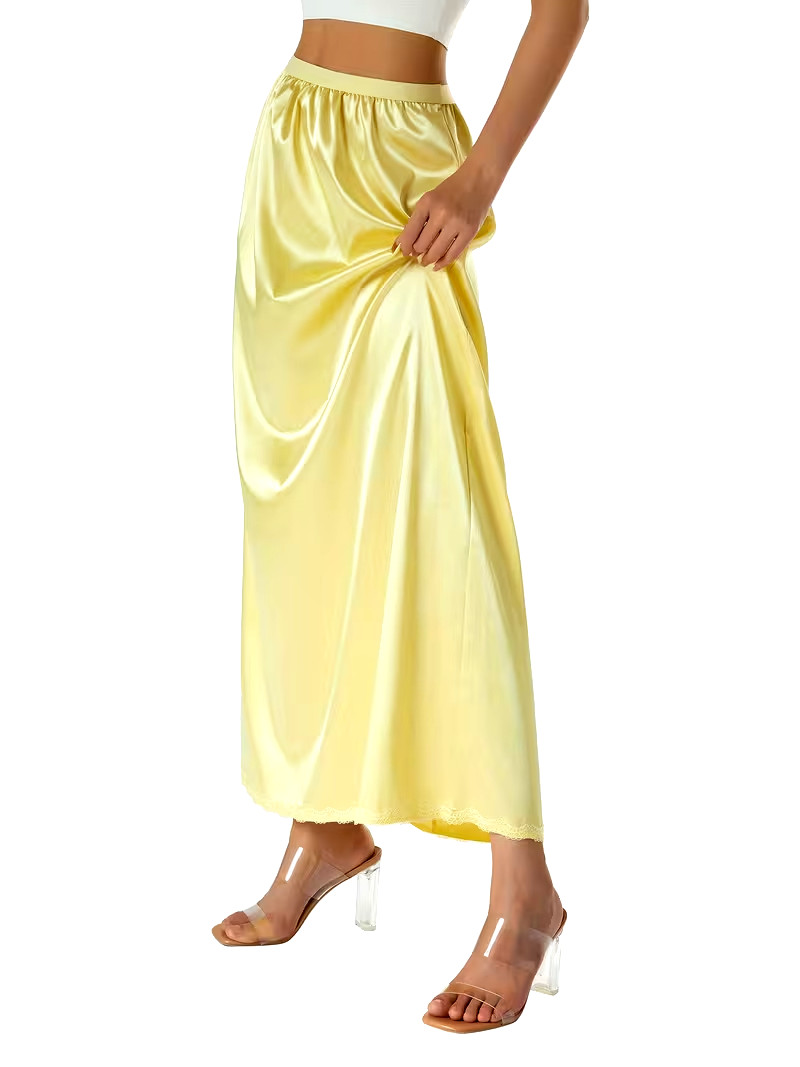 New Gorgeous Feminine Yellow Satin Lace Hem Long Half Slip Plus XL NEW