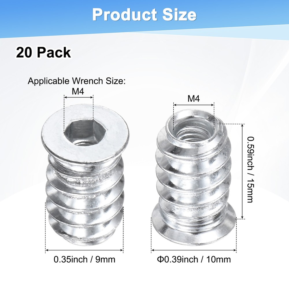 20-Pack Threaded Inserts for Wood, M4x15mm Threaded Insert Nuts [Silver Tone]