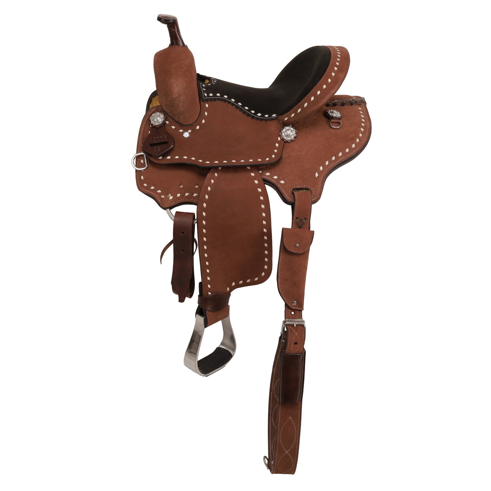 Mocha Roughout Barrel Style Saddle Buck Stitch Back Cinch Full QH Bars 12" NEW