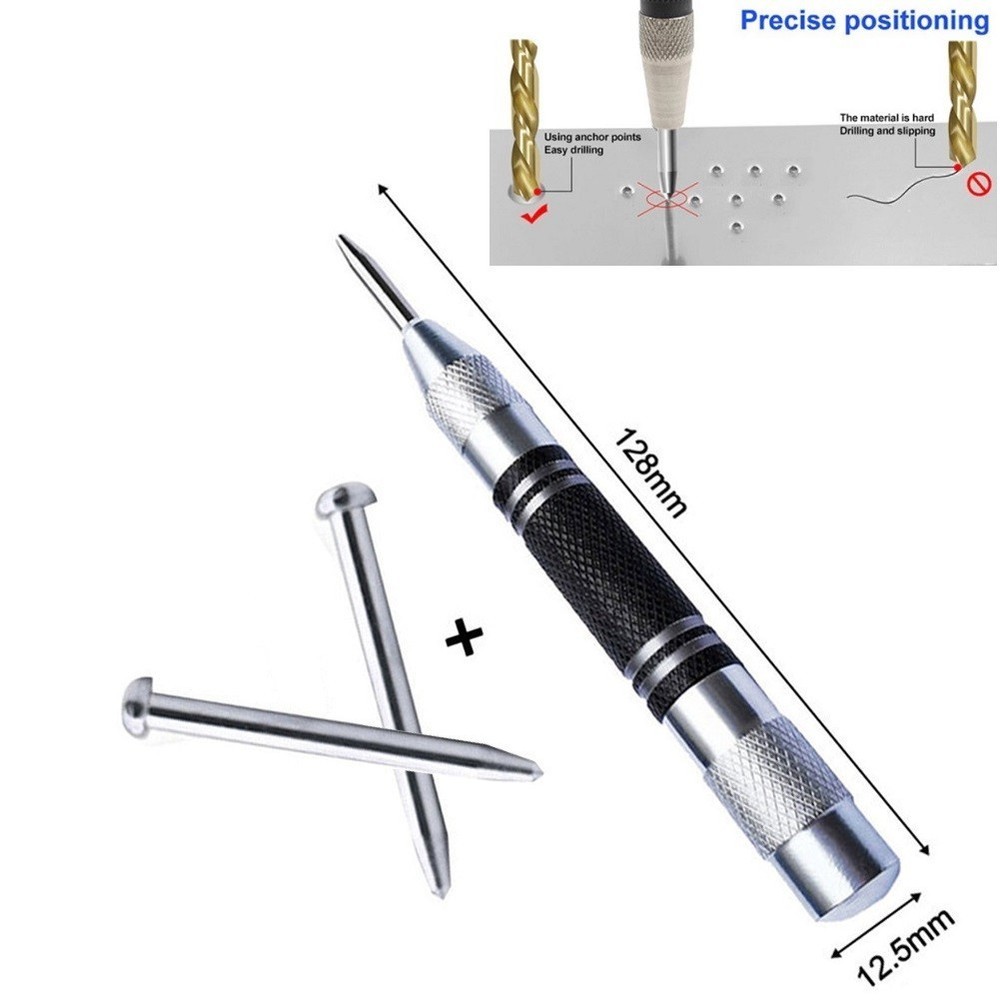 Automatic Center Punch Spring Loaded Tool Woodworking 1 Pc Black+silver