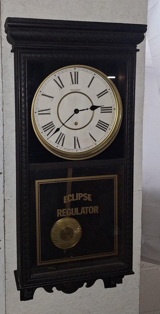 ANTIQUE SESSIONS SHOP REGULATOR "ECLIPSE" WALL CLOCK PENDULUM & KEY WORKING