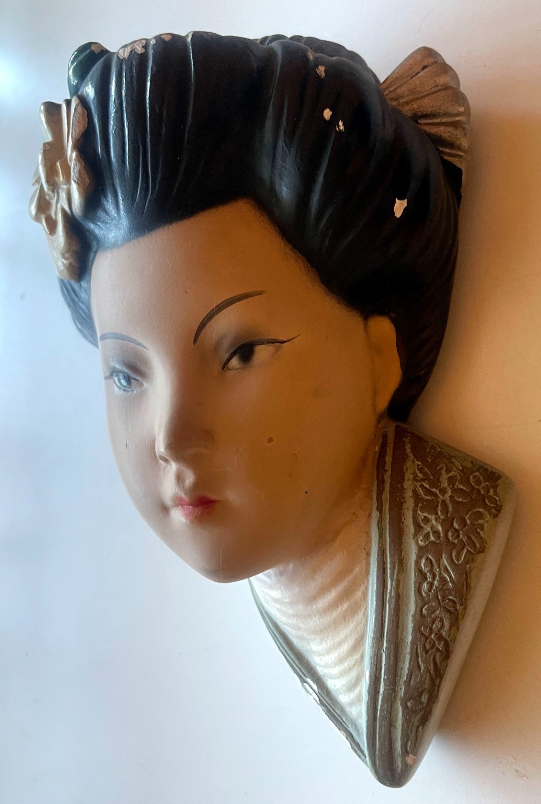 Vintage 50s Chalkware Geisha Head Asian Wall Art Hand Painted Girl